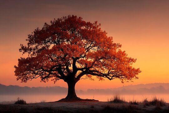 Solitary tree glows in golden morning light