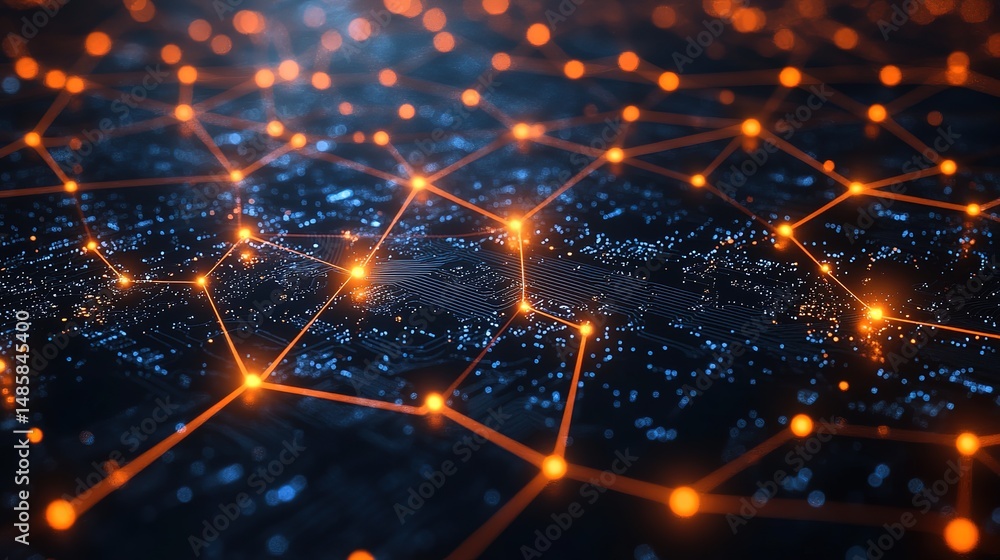 Poster glowing node network on dark blue background – abstract web structure & interconnected light pattern