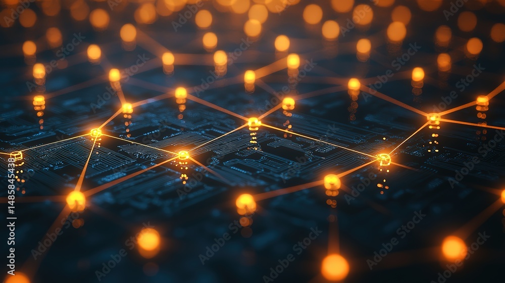 Poster glowing node network on dark blue background – abstract web structure & interconnected light pattern