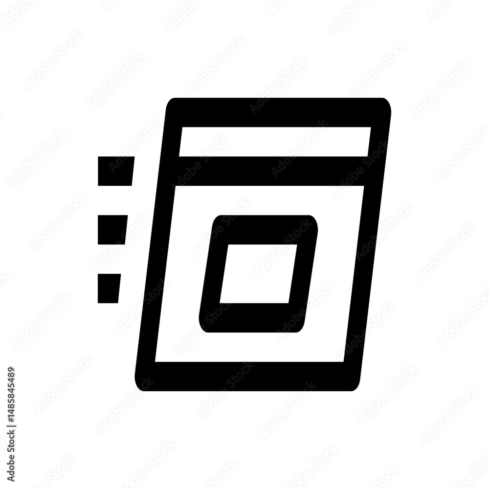 Poster black outline of a tilted browser window with a smaller window inside and motion lines on the left s