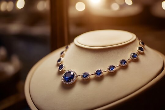 A sapphire and diamond necklace resting on a soft ivory velvet tray, illuminated by a focused warm spotlight in a retail display