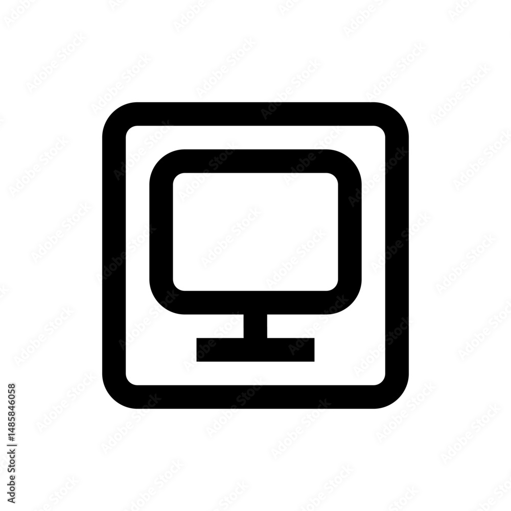Poster illustration of a desktop computer with a square border and rounded corners in black and white color