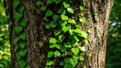 Tree trunk with ivy vine climbing up.
