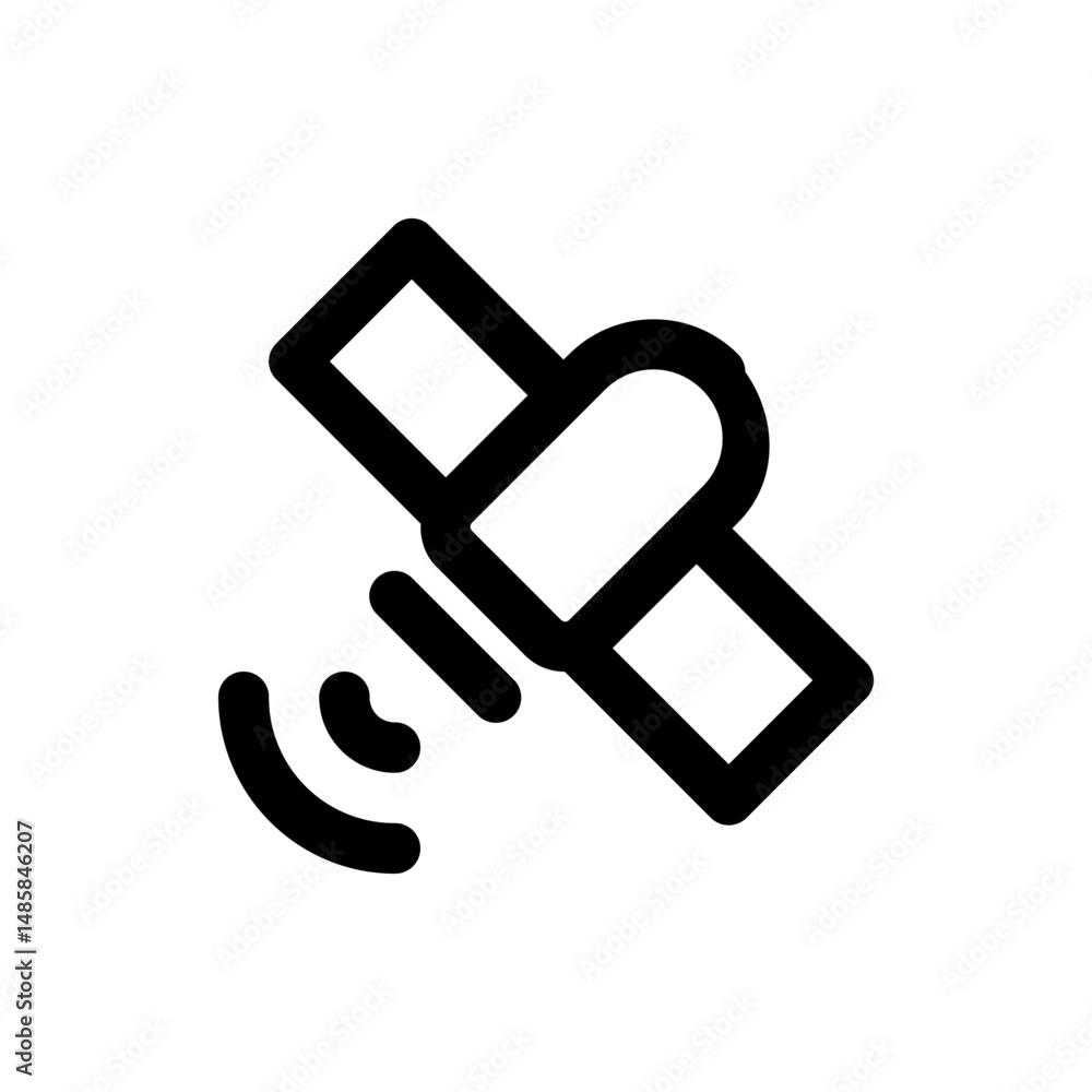 Poster illustration of a satellite with panels and signal waves in black outline on a white background view