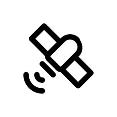 Illustration of a satellite with panels and signal waves in black outline on a white background view from front