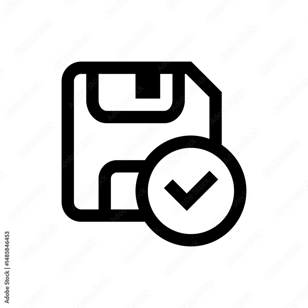 Poster black outline of a floppy disk with a check mark inside a circle indicating successful save operatio