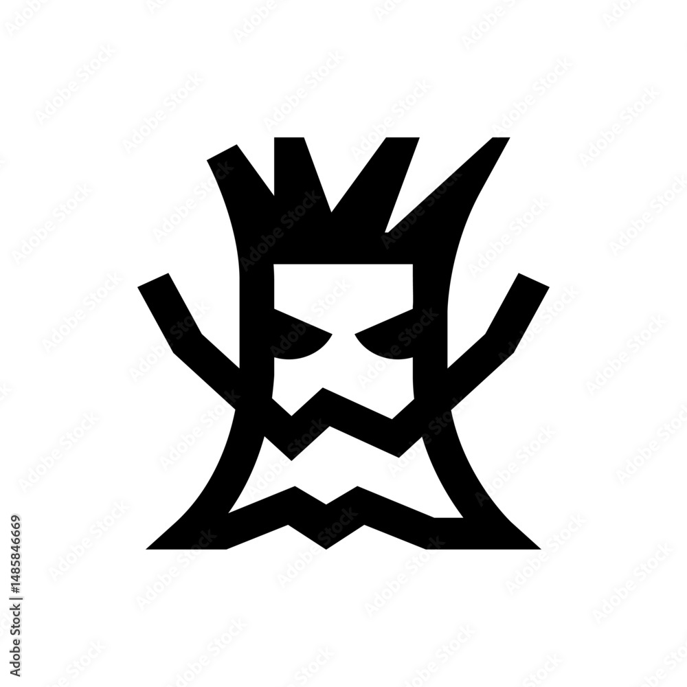 Poster stylized black and white illustration of a tree monster with sharp features and angry expression des