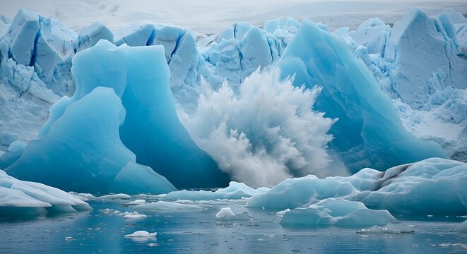 Iceberg Breaking Splashing in Water with Glacier Landscape
