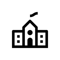 Illustration of a building with a flag on top, featuring a simple and bold black and white design style