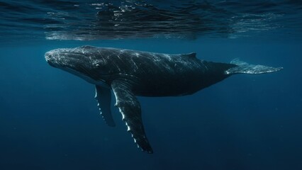 Humpback whale swimming gracefully underwater.
