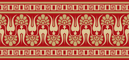 Vector gold and red classic seamless european national ornament. Ethnic pattern of the Romanesque peoples. Border, frame of ancient greece, roman empire.