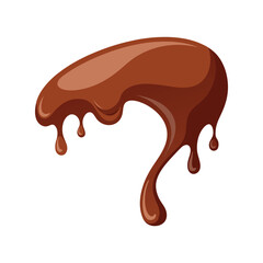 Liquid chocolate flows down vector illustration. Dripping sweet cocoa syrup, glossy dark brown dessert element for design.

