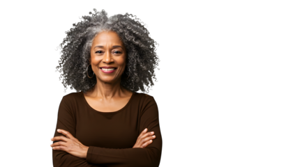 black and white Portrait of a smiling senior African American woman with arms crossed, isolated on transparent background	