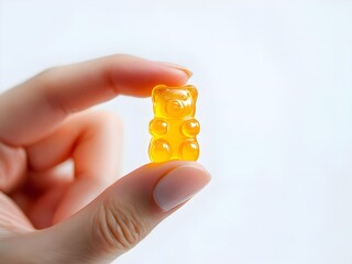 Close up photo of a woman's hand holding a chewing gummy bear vitamin