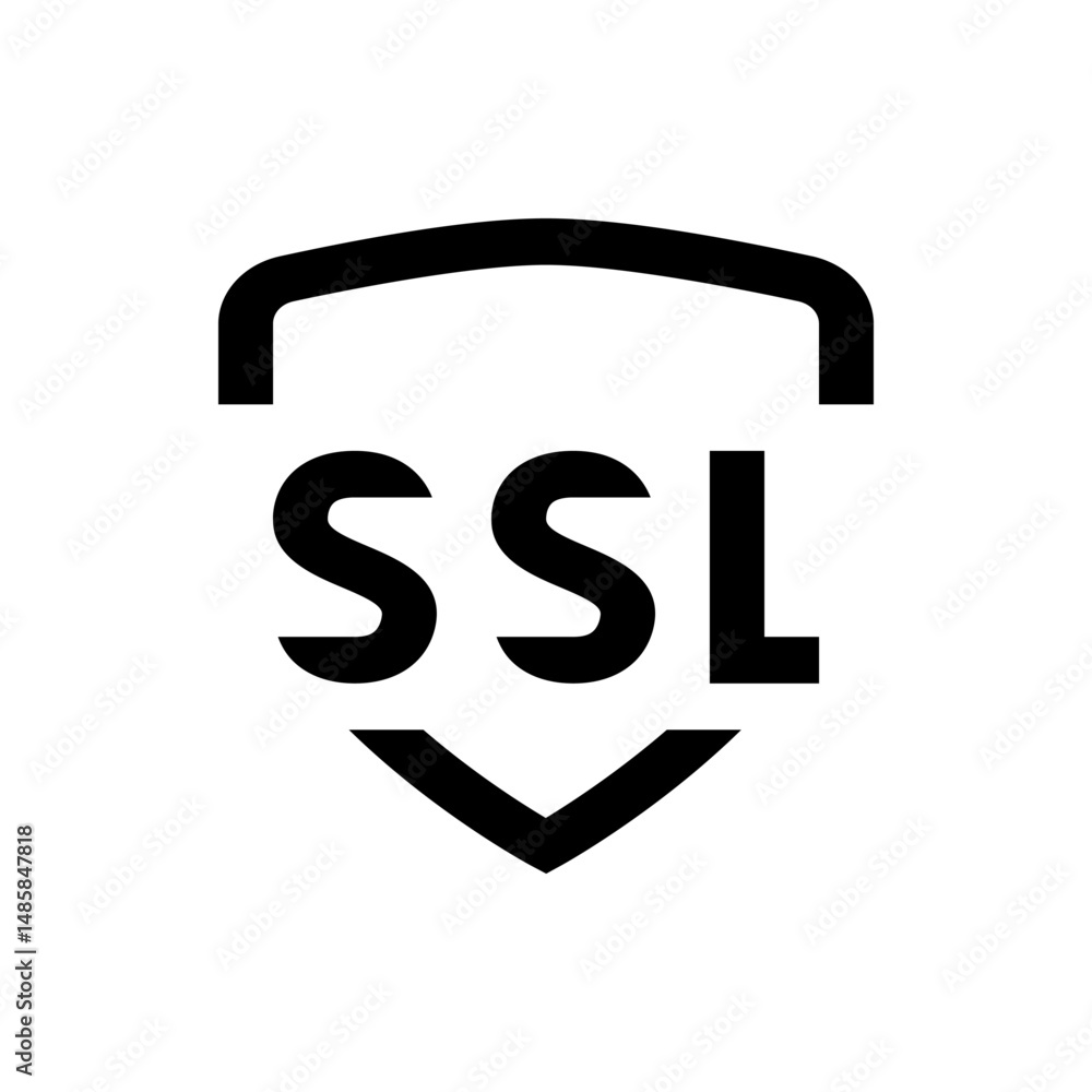 Poster illustration of an ssl security certificate icon with a shield shape and bold letters in black and w