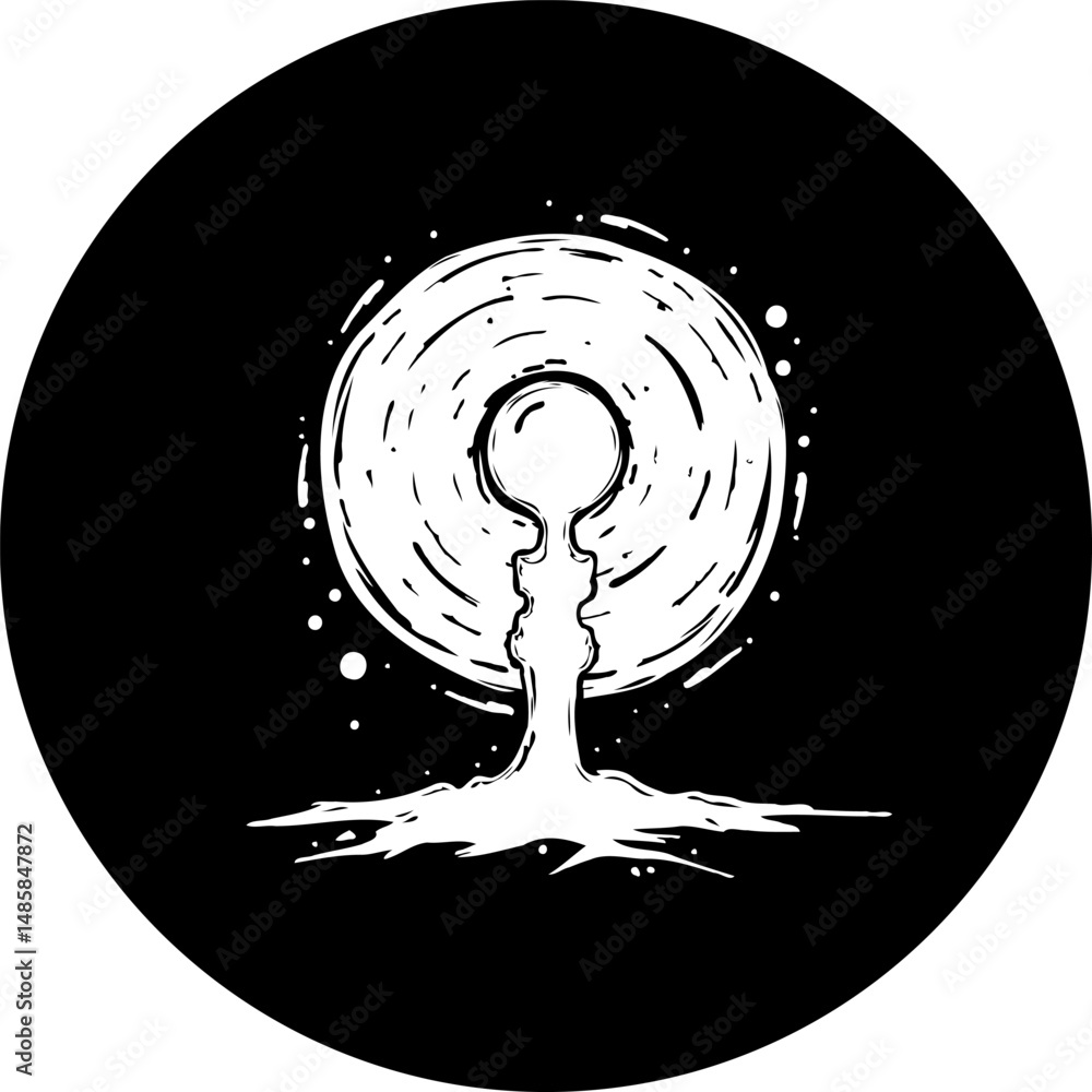 Poster monochrome abstract design featuring a circular motif with stylized human figures