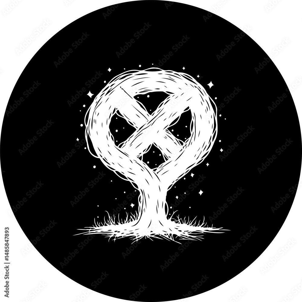 Poster stylized symbol composition with intertwining forms and ethereal embellishments