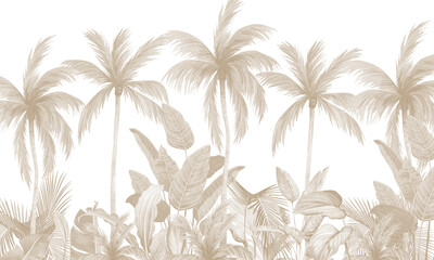 Soft Brown Tropical Foliage Illustration, Elegant Palm Tree Banner in Earth Tones - Wallpaper - Background - Print
