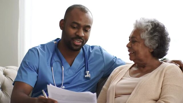 Male Caretaker Reviews Document with Elderly Woman in Cozy Home Setting Brightly Lit Conversation Compassionate Relationship