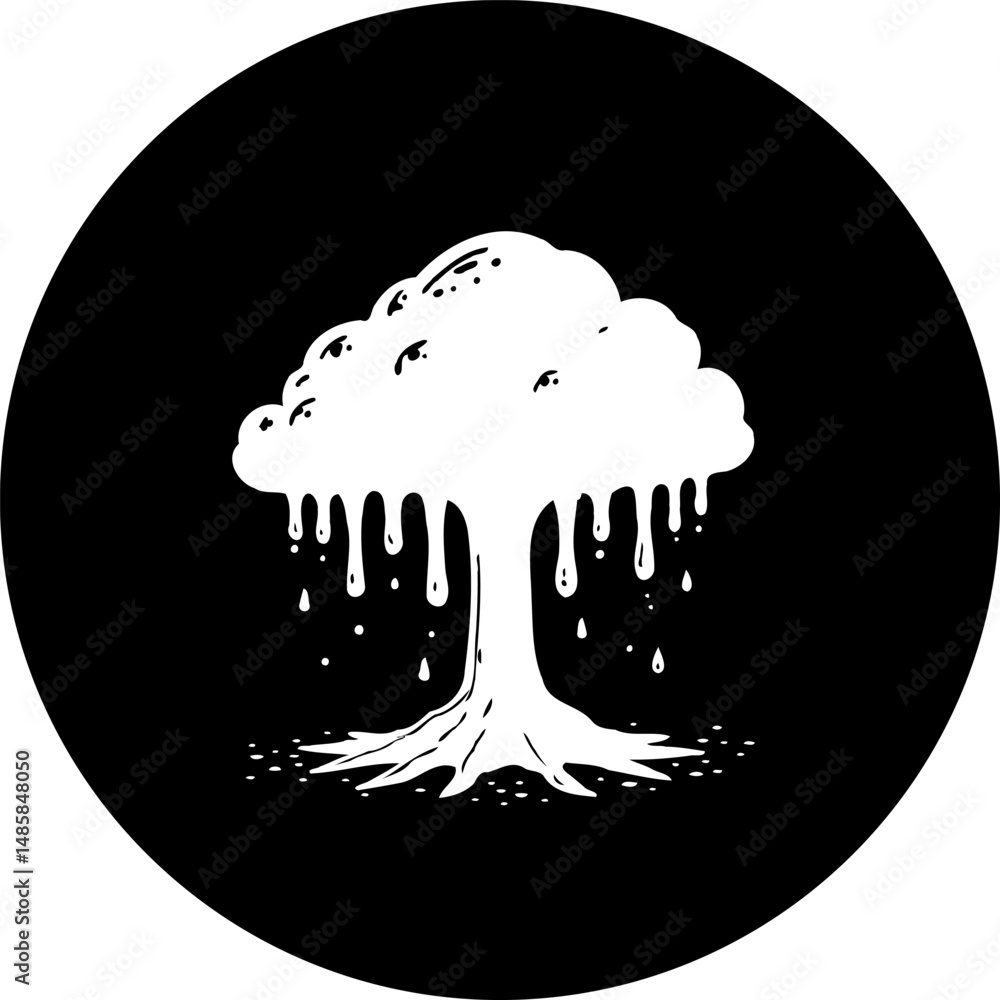 Aufkleber stylized monochrome tree with dripping sap in a dark circular backdrop