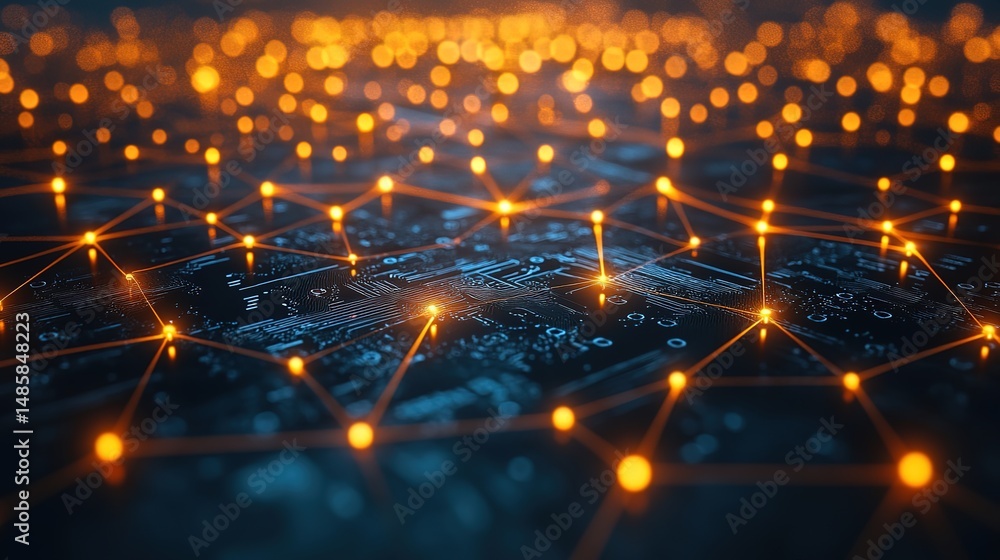 Poster glowing node network on dark blue background – abstract web structure & interconnected light pattern