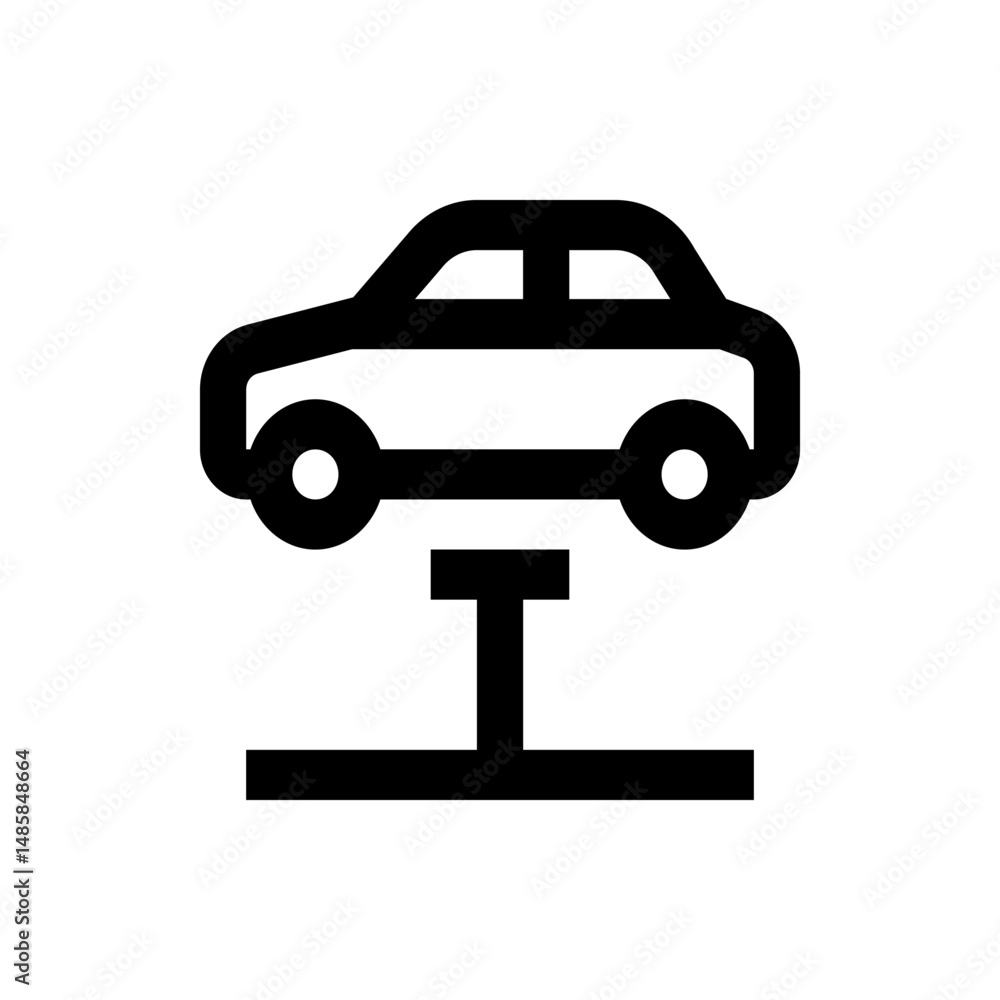 Poster silhouette of a car elevated on a mechanical lift with a horizontal base and support structure below