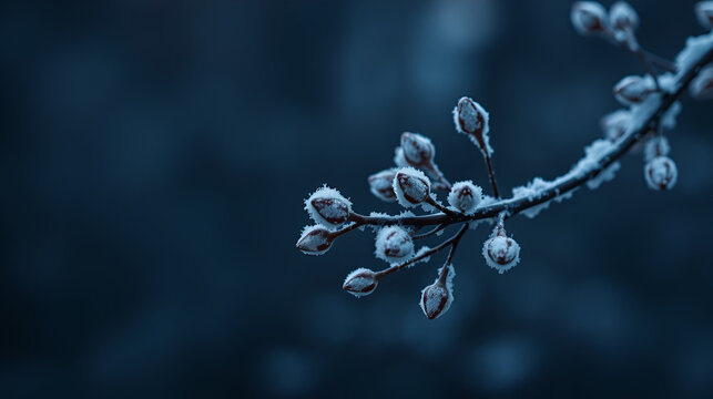 Frosty winter buds on branch, dark background, nature scene, website banner