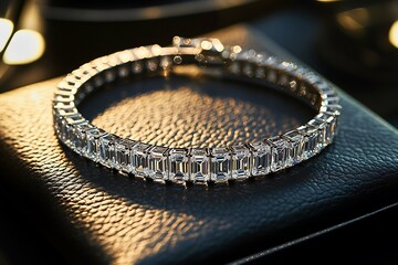 A sleek diamond bracelet with baguette cuts arranged neatly on a textured black leather tray, glowing under soft light