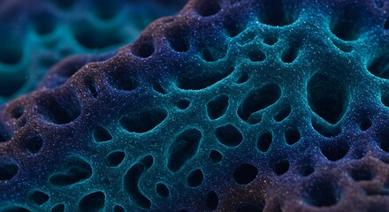 Abstract Porous Surface with Turquoise and Purple Tones