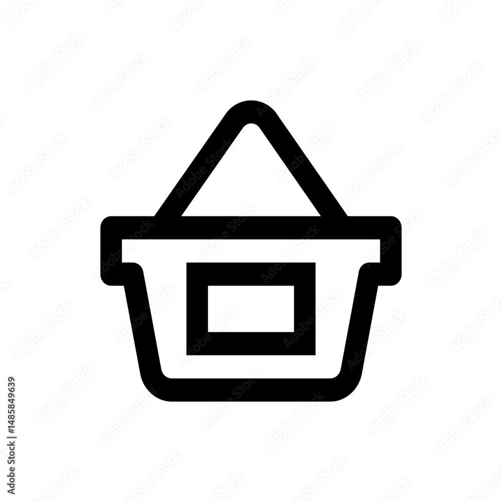 Poster illustration of a black outlined shopping basket with a handle and a rectangular label area in the c