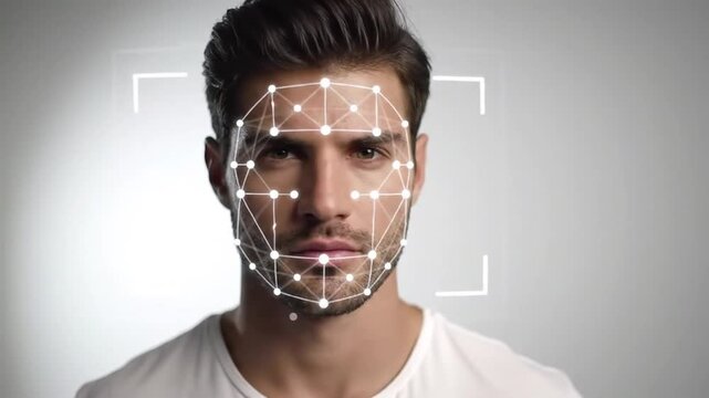 Man's Face Being Scanned By Facial Recognition System with Geometric Overlay Network on White Background Representing Security Technology and Biometrics