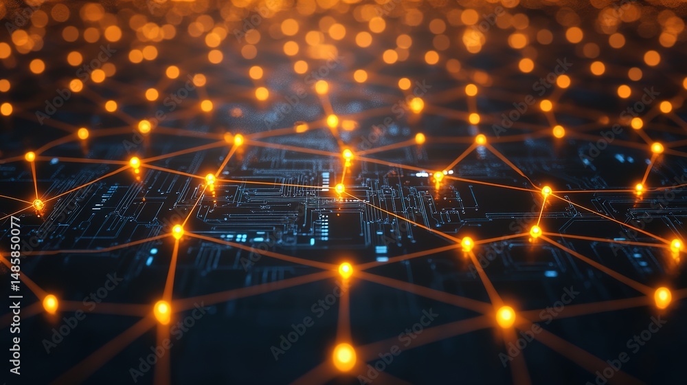 Poster glowing node network on dark blue background – abstract web structure & interconnected light pattern