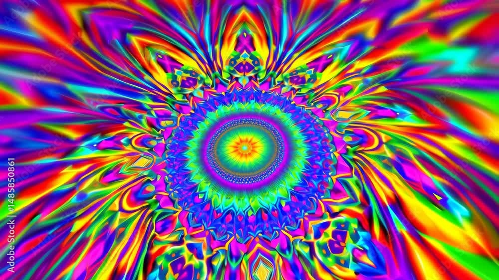Poster vibrant kaleidoscopic burst of spectral hues, creating a dazzling explosion of psychedelic color and