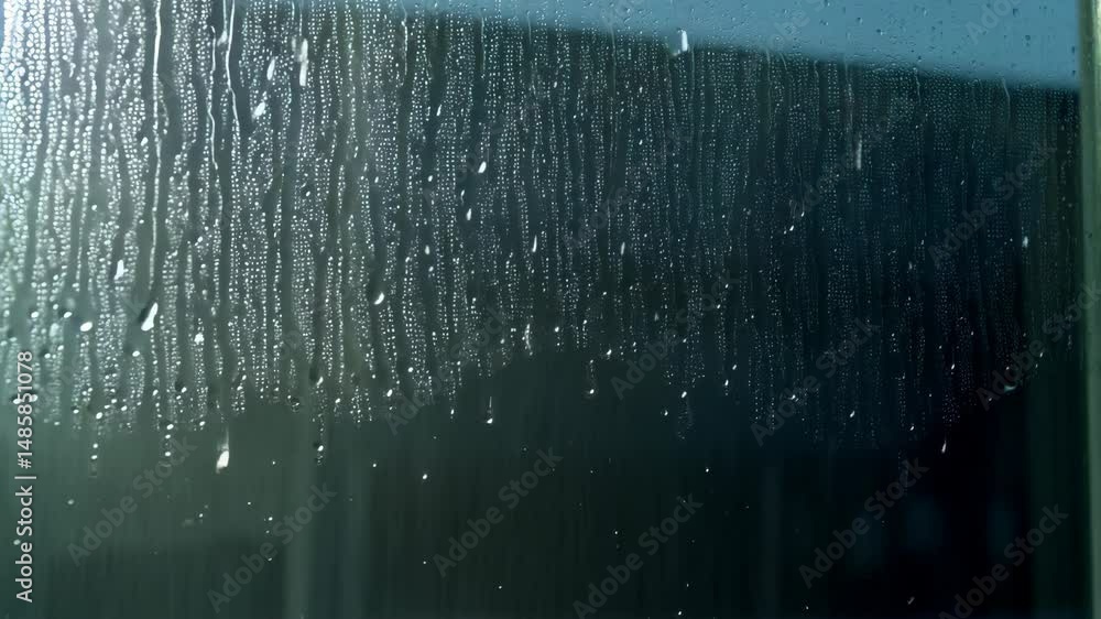 Aufkleber macro shot of water droplets sliding down a smooth glass surface, creating streaks and patterns of c