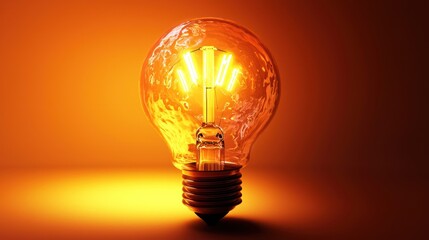 A glowing light bulb emitting a warm orange glow against a dark background.