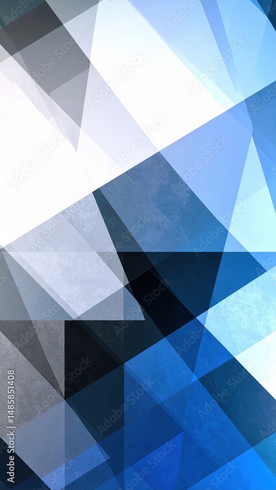 Poster an abstract geometric background featuring a dynamic arrangement of blue and white triangles, creati