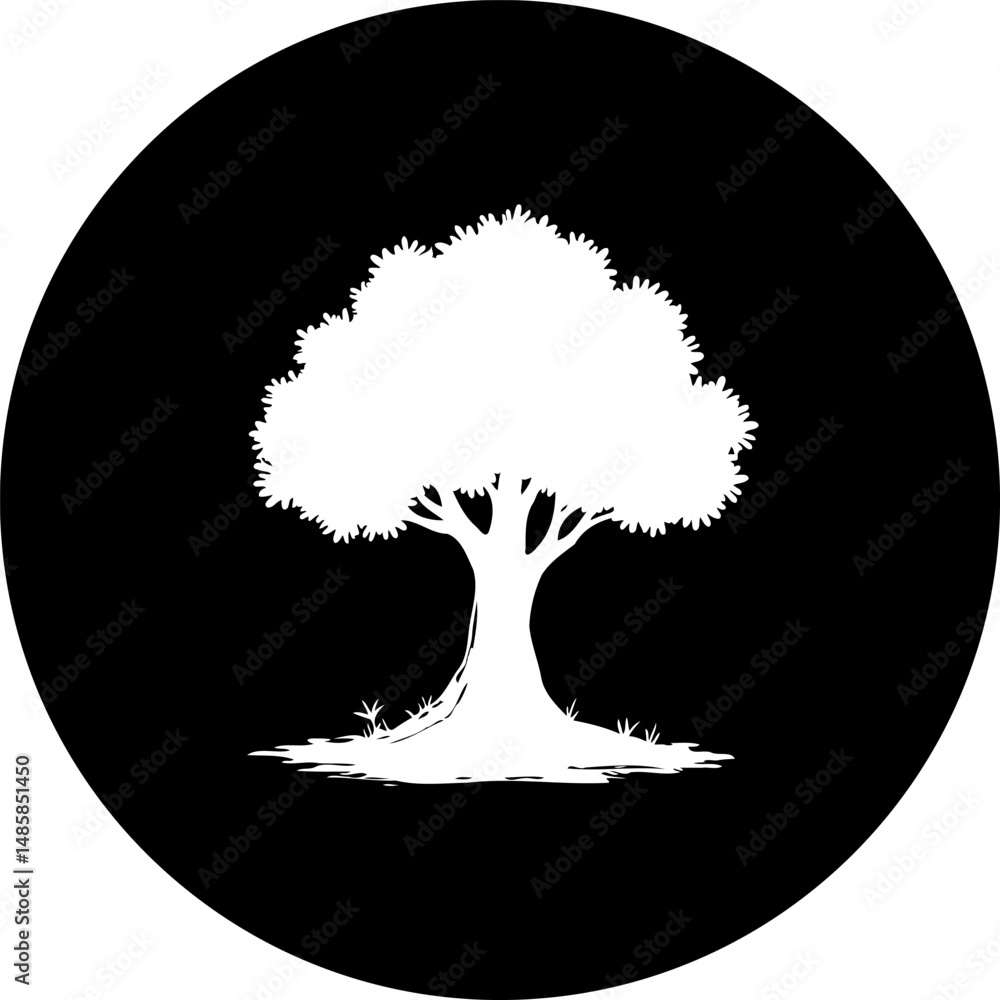 Poster monochromatic tree silhouette on a circular background emphasizing simplicity