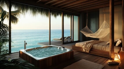 Fototapeta premium luxurious beachfront suite with private hot tub and hammock