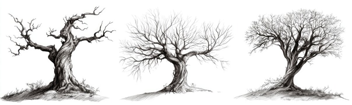 Three detailed pencil drawings of bare, gnarled trees