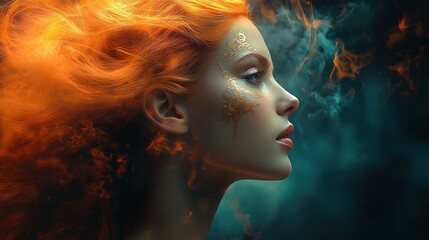 Obraz premium Profile of a woman with fiery flowing hair and intricate golden facial patterns surrounded by swirling smoke and dark background conveying strength and mystique