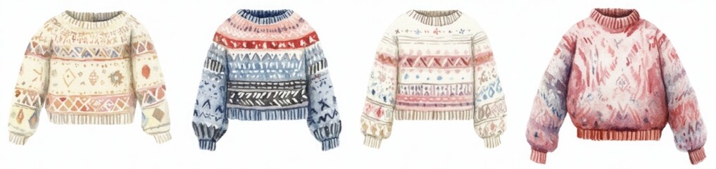 Four colorful patterned sweaters
