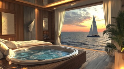 luxurious oceanfront suite with private hot tub and sunset view