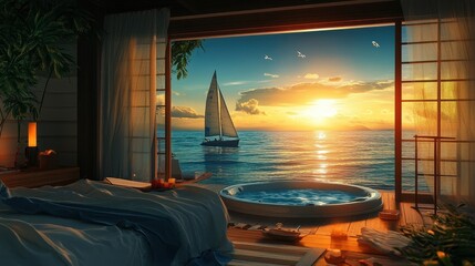 sunset ocean view bedroom with hot tub and sailboat