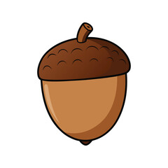 Brown acorn vector illustration. Realistic oak tree nut with cap isolated on white background. Autumn nature element.

