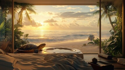tropical beachfront sunrise bedroom with hot tub and sea turtle