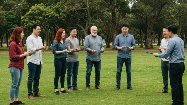 Diverse team outdoors using tablets in collaboration