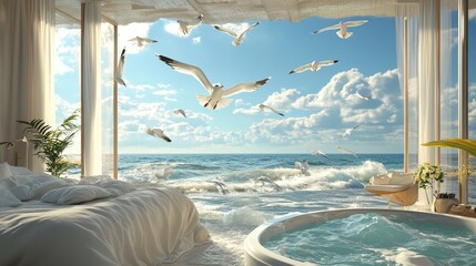 serene beachfront bedroom with hot tub and ocean view