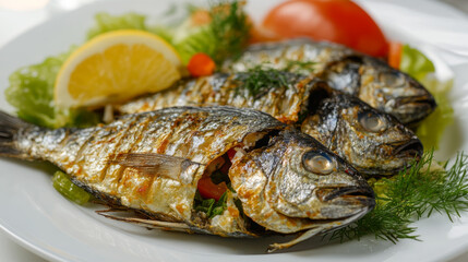 Aegean coastal fish dishes with salads and seafood served in a Greek or Turkish restaurant