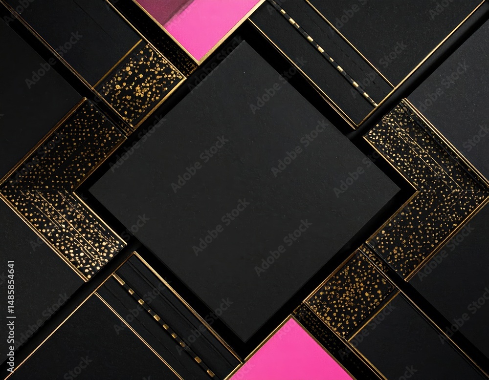 Poster a striking black and gold geometric background featuring intricate patterns, accented with vibrant p
