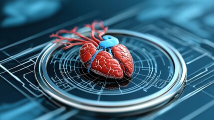 3D Render of Human Heart Model on Abstract Digital Interface Display for Medical Visualization